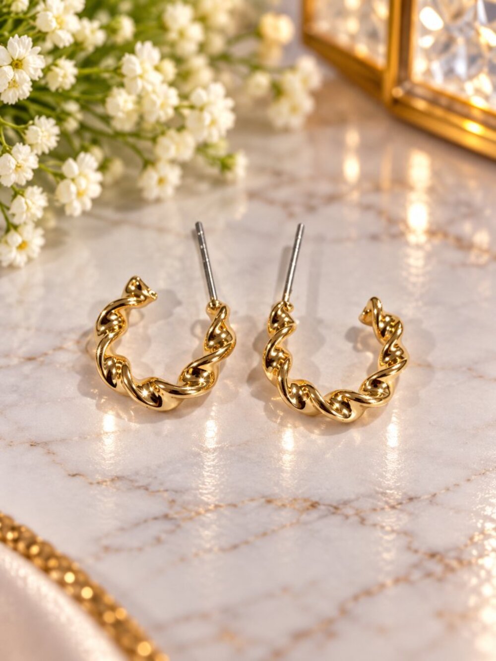 Gold Tone Twisted Rope Hoop Earrings Small Textured Open C Hoops Women's Jewelry